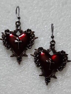 Hand Crafted Deep Red Heart Cross Dangle Earrings
